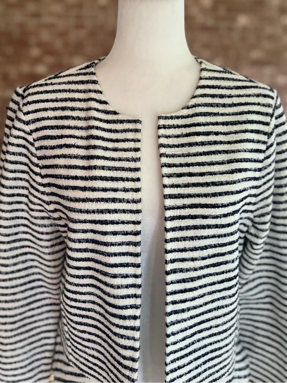 Loft Tweed Open Front Peplum Navy Blue Off White Stripe Blazer M Nautical Preppy